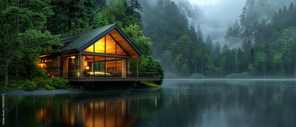 Obraz premium Tranquil Mountain Cabin: of a Serene Retreat by the Lake