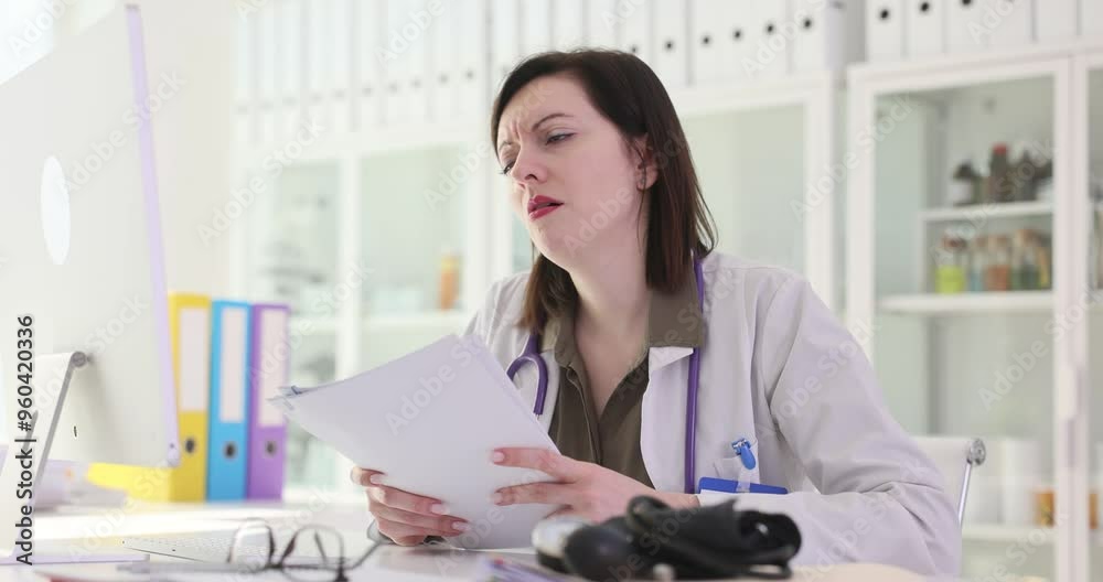 Woman doctor with stethoscope reads patients papers sitting at workplace in hospital. Tired female medic in uniform expresses fatigue due to work Woman doctor with stethoscope reads patients papers sitting at workplace in hospital. Tired female medic in uniform expresses fatigue due to work