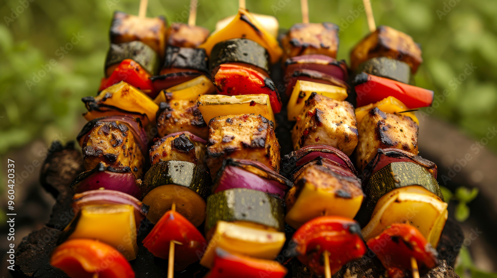 Grilled vegetable kebab with various sauces