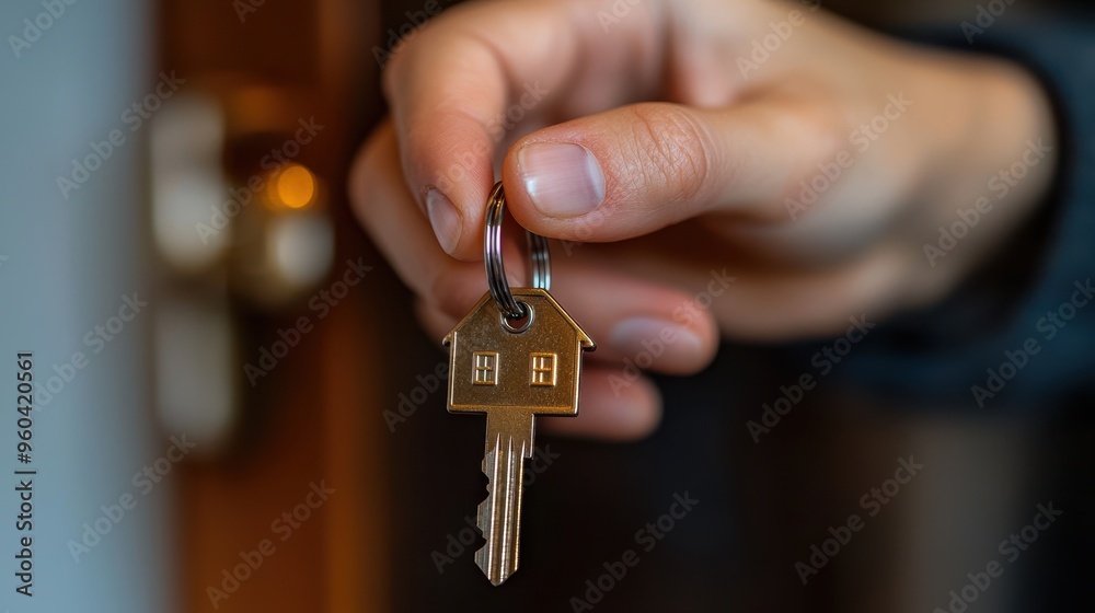 Unlocking New Beginnings - Hand Turning Key with House-shaped Keychain in Open Door for Property Investment Concept Unlocking New Beginnings - Hand Turning Key with House-shaped Keychain in Open Door for Property Investment Concept