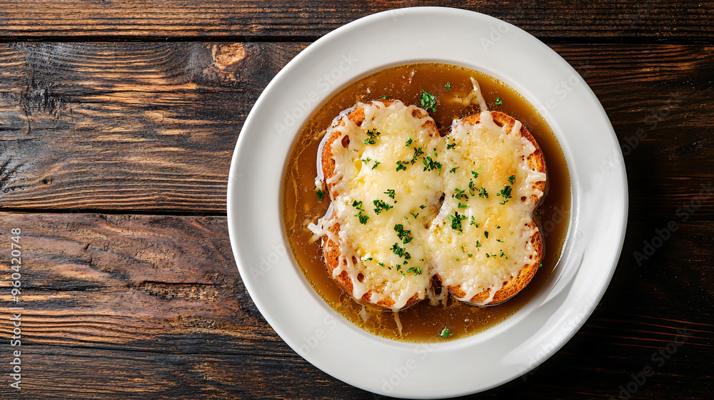 Steaming french onion soup on rustic table, with melted cheese and toasted bread. Perfect for cozy dinner or satisfying lunch. Enjoy with parsley for burst of flavor Steaming french onion soup on rustic table, with melted cheese and toasted bread. Perfect for cozy dinner or satisfying lunch. Enjoy with parsley for burst of flavor