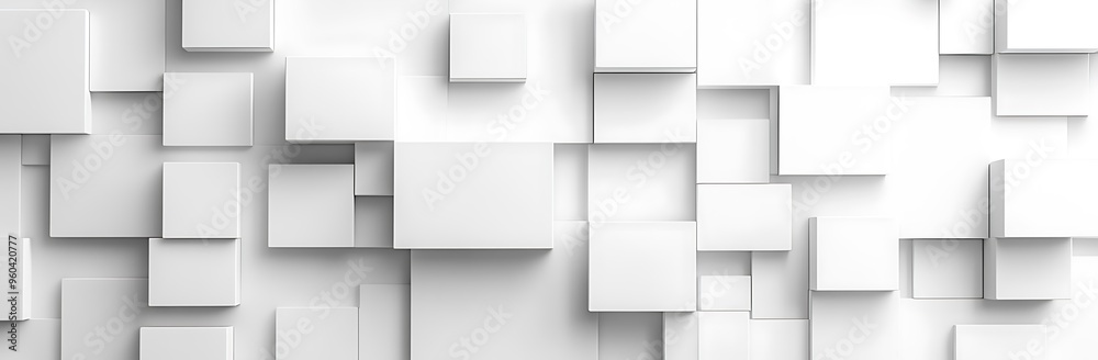 Geometric Squares Pattern on Abstract White Background - 3D Rendering Minimal Wall Texture Design for Text and Graphics Integration