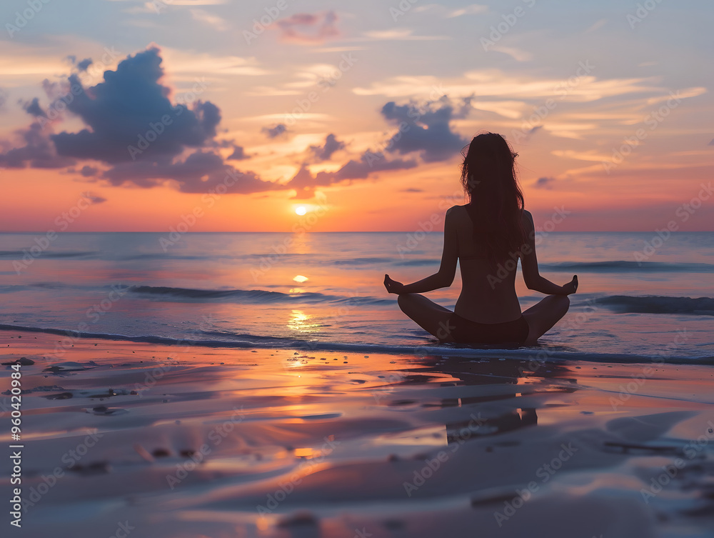 Fototapeta premium Woman practicing yoga or meditating on the beach at sunrise