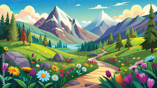 Alpine landscape with beautiful mountains and flowers vector art illustration