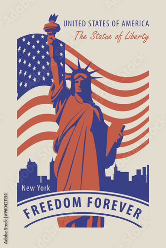 USA American flag with the Statue of Liberty on background of silhouettes of New York skyscrapers. Vector banner, poster, flyer, t-shirt design, greeting card or design element in flat style