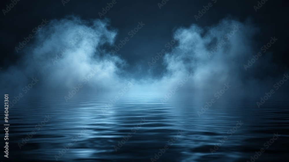 Water surface with magic neon glow from inside and smoke on top. Mystery dark background with spooky white light from underwater and fog. Realistic 3d night vector illustration with flare and steam Water surface with magic neon glow from inside and smoke on top. Mystery dark background with spooky white light from underwater and fog. Realistic 3d night vector illustration with flare and steam