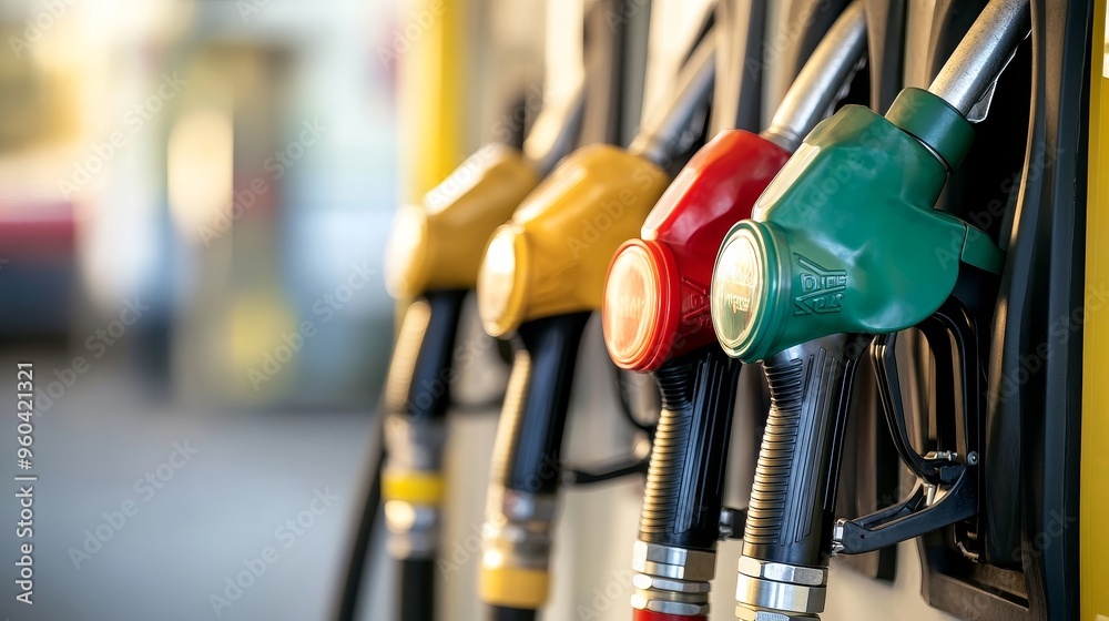 A close-up view of fuel dispensers in various colors at a gas station, showcasing different types of fuel. A close-up view of fuel dispensers in various colors at a gas station, showcasing different types of fuel.