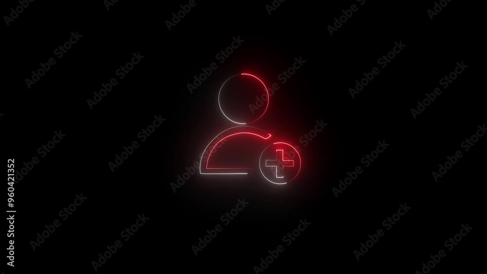 abstract glowing neon line add friend icon animation white red color animation on dark background. abstract glowing neon line add friend icon animation white red color animation on dark background.