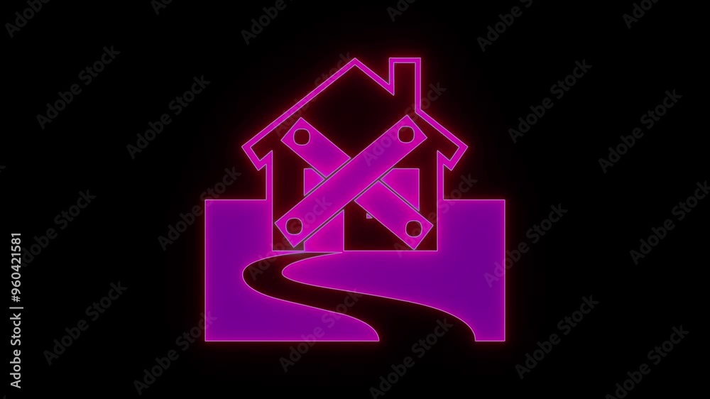 Abstract neon glowing home icon animation on background. Abstract neon glowing home icon animation on background.