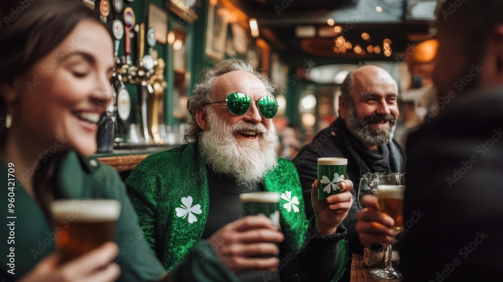 Mature people are having fun, wearing green costumes, and celebrating St. Patricks Day in a street bar Mature people are having fun, wearing green costumes, and celebrating St. Patricks Day in a street bar