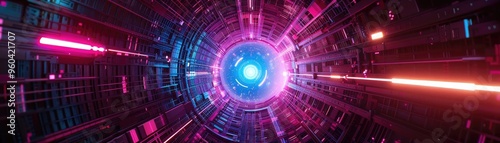 A mesmerizing tunnel of vibrant colors and pulsating light beams, evoking a sense of depth and futuristic ambiance.