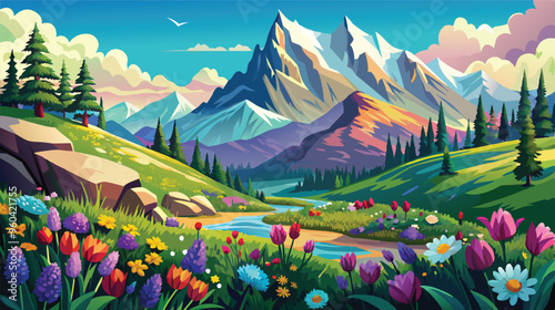 Alpine landscape with beautiful mountains and flowers vector art illustration