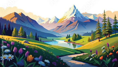Alpine landscape with beautiful mountains and flowers vector art illustration