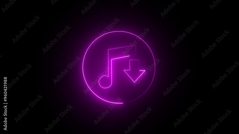 purple color glowing neon line audio music icon animation with purple color arrow on black background. purple color glowing neon line audio music icon animation with purple color arrow on black background.