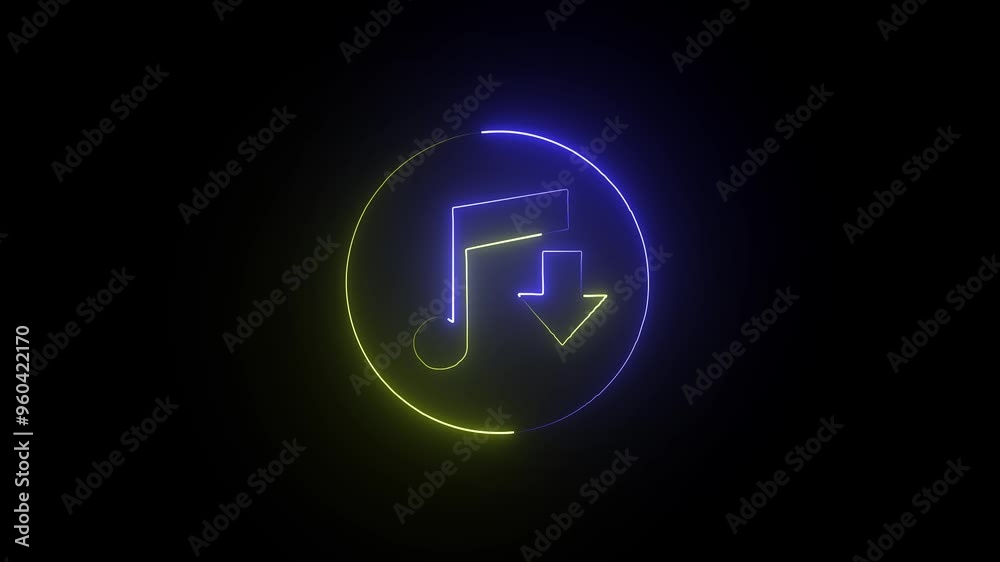 abstract glowing neon line audio music icon animation with yellow blue color arrow icon on black background. abstract glowing neon line audio music icon animation with yellow blue color arrow icon on black background.