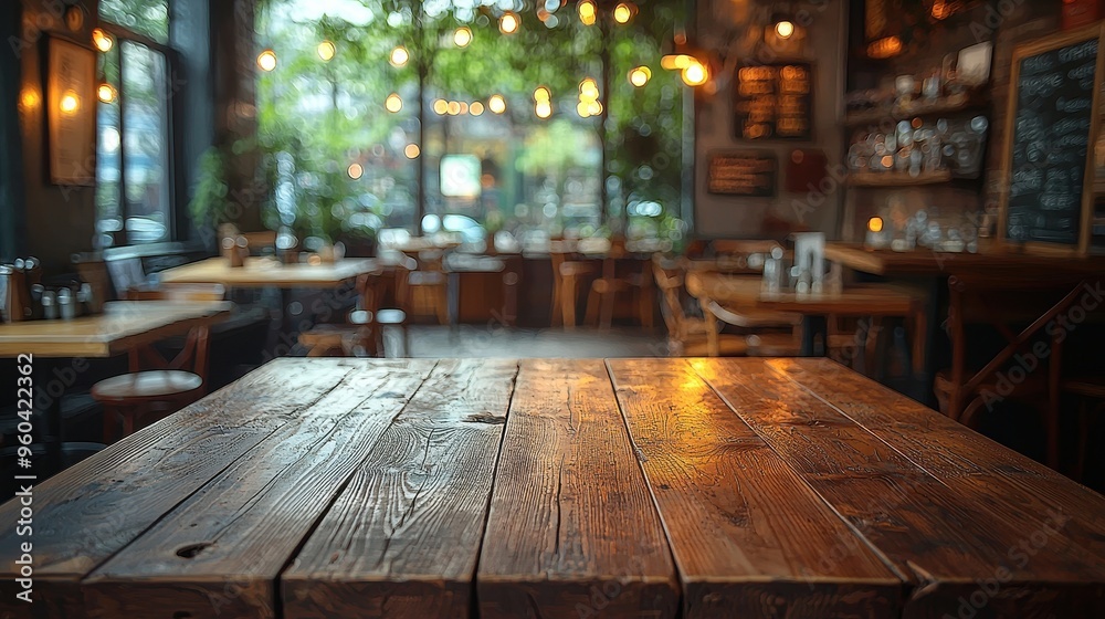 Intimate Dining Setting: Defocused Restaurant Ambiance with Empty Wooden Table Space in Sharp Focus Intimate Dining Setting: Defocused Restaurant Ambiance with Empty Wooden Table Space in Sharp Focus