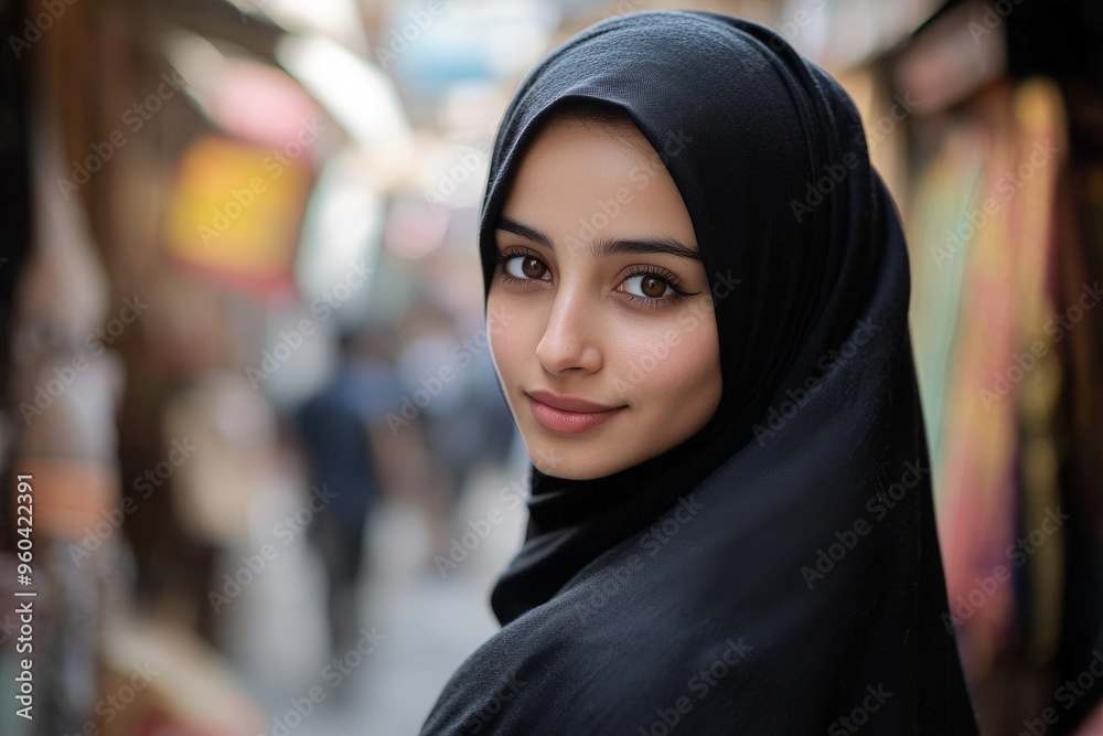 Serene portrait of a smiling woman in hijab in vibrant bazaar setting Serene portrait of a smiling woman in hijab in vibrant bazaar setting