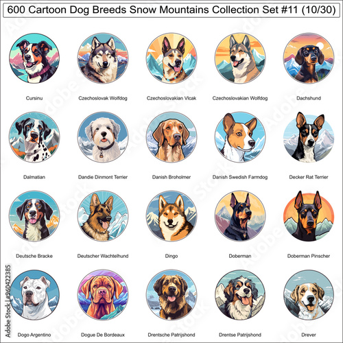 Dog Breeds Cartoon Characters Snow Mountains Bundle Collection Set 11 of 600 Dog Faces Isolated Part 10