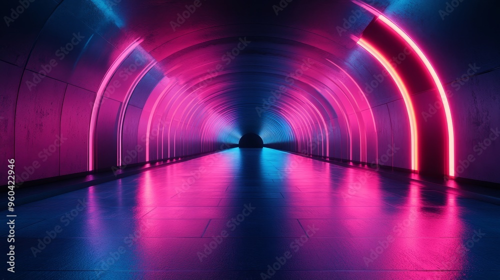 A long tunnel with neon lights on the walls A long tunnel with neon lights on the walls