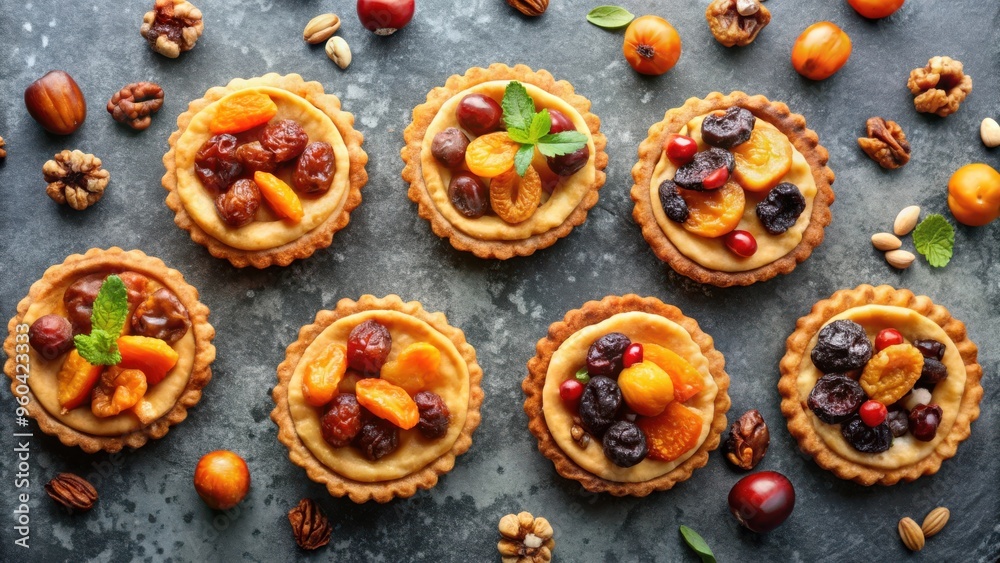 Delicious shortcrust pastry tartlets filled with dried apricots, prunes, and walnuts, topped with dried fruits and nuts, viewed from above Delicious shortcrust pastry tartlets filled with dried apricots, prunes, and walnuts, topped with dried fruits and nuts, viewed from above