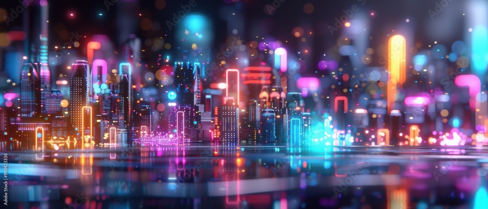 Fototapeta premium Illuminated Metropolis - Abstract Futuristic Cityscape with Neon Lights and Skyscrapers in