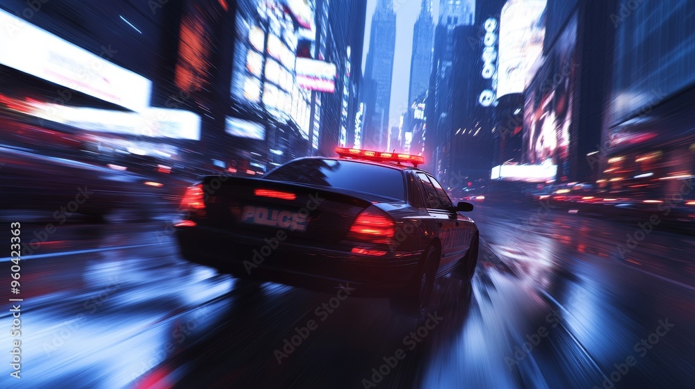 A blurred police car with flashing lights speeds through a rainy city street at night, capturing an intense urban scene. A blurred police car with flashing lights speeds through a rainy city street at night, capturing an intense urban scene.