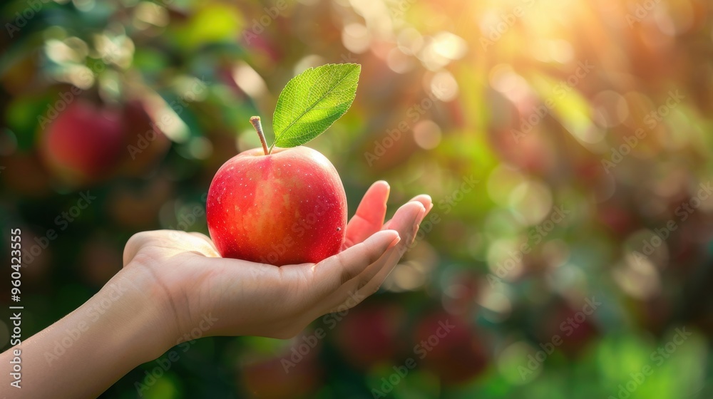 Hand picking a fresh apple from tree in plantation farm orchard Hand picking a fresh apple from tree in plantation farm orchard