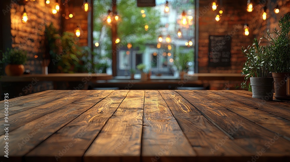 Cozy Rustic Wooden Table at an Upscale Restaurant with Bokeh Background Cozy Rustic Wooden Table at an Upscale Restaurant with Bokeh Background