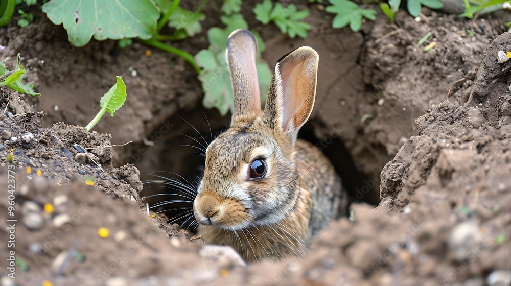 Fototapeta premium Close up of a rabbit making a garden hole