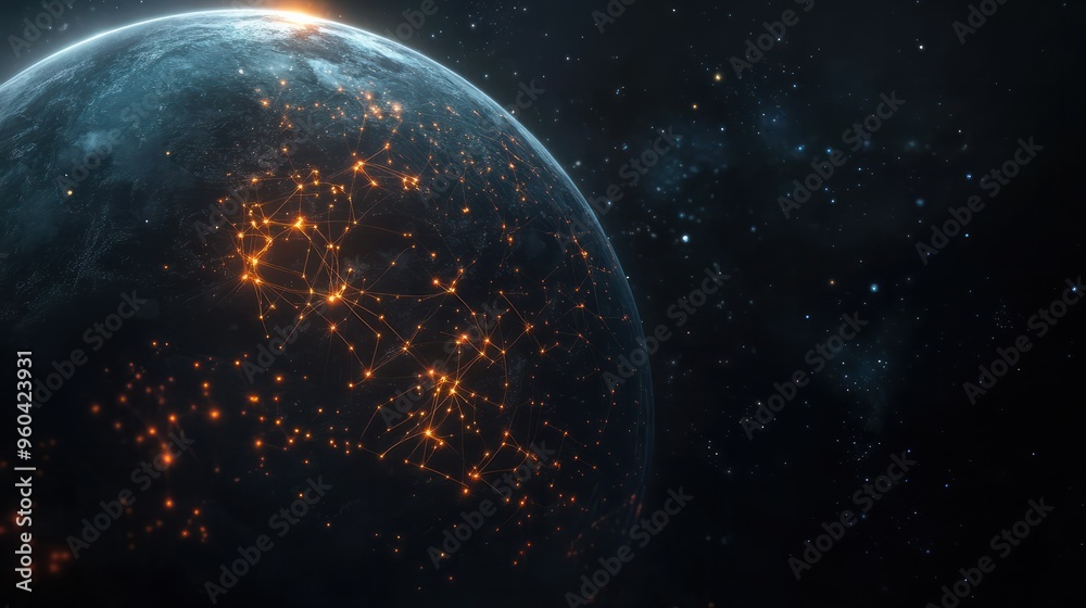 Obraz premium Planet with glowing neural connections in dark space. digital illustration depicting global network connection, future connectivity light