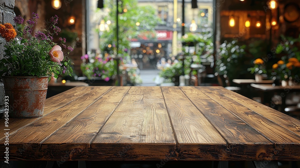 Cozy Ambiance: Empty Wooden Tabletop in a Romantic Restaurant Setting with Soft Blurred Background Cozy Ambiance: Empty Wooden Tabletop in a Romantic Restaurant Setting with Soft Blurred Background