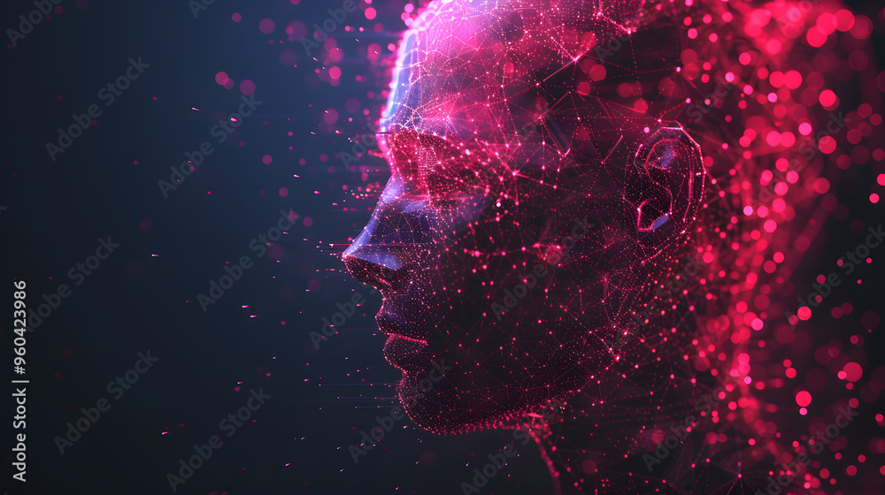 Digital artistry: abstract 3d polygon face with futuristic neon light and bokeh effects Digital artistry: abstract 3d polygon face with futuristic neon light and bokeh effects