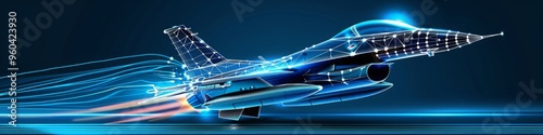 Digital high-speed fighter jet  in low poly wireframe, smart Advanced Military Technology,  ai aviation and defense systems, supersonic travel, Aerospace Engineering.
