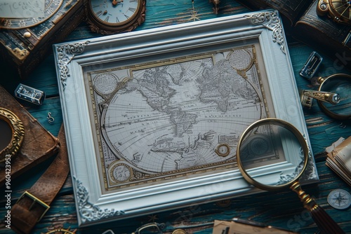 An antique world map framed on a wooden table surrounded by vintage nautical instruments and a magnifying glass. photo