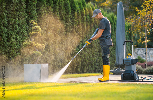 A Worker Power Washing a Patio in a Garden During Daylight Hours on a Sunny Afternoon