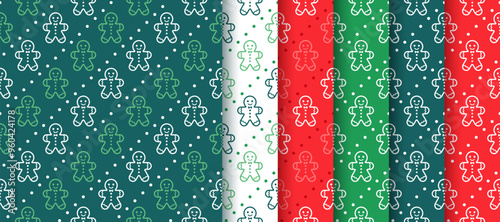 Christmas background with gingerbread man. Red green seamless pattern. Holiday prints. Set of noel textures. Festive wrapping papers. Geometric backdrops. Vector illustration. Flat design.