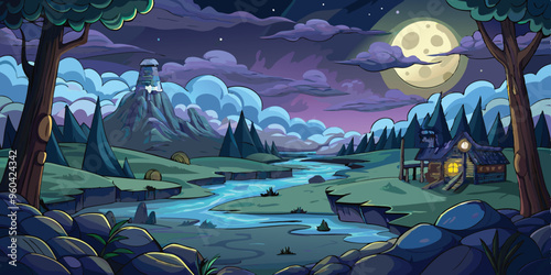 dark moody valley in night with veils of fog with clouds and full moon vector art illustration