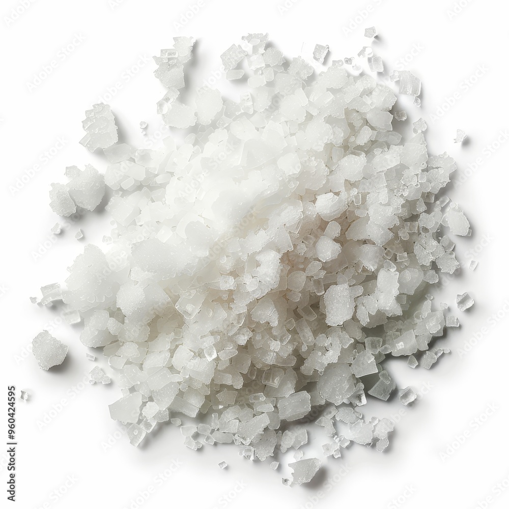 Close-up of white, coarse sea salt crystals isolated on white background. Close-up of white, coarse sea salt crystals isolated on white background.