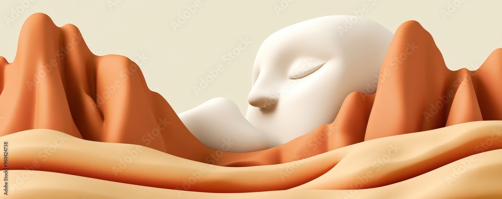 A serene illustration of a tranquil landscape featuring abstract mountains and a stylized visage peacefully resting. A serene illustration of a tranquil landscape featuring abstract mountains and a stylized visage peacefully resting.