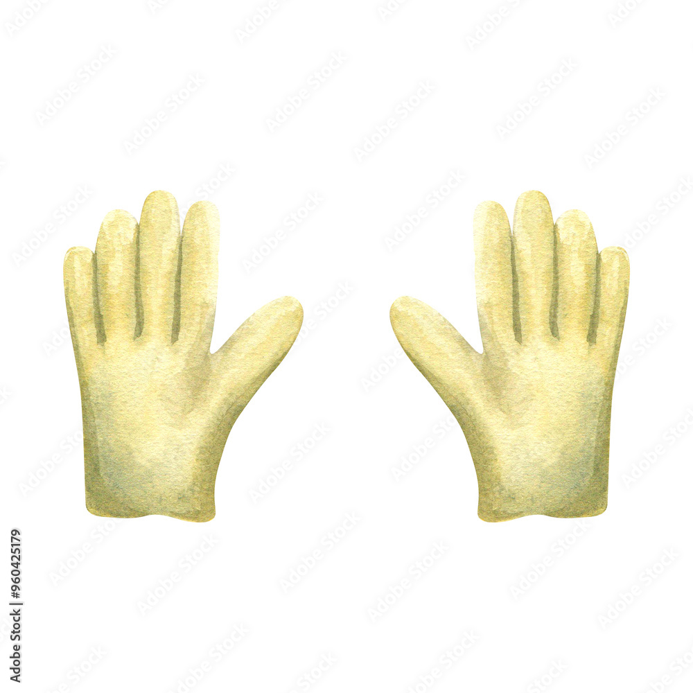 Obraz premium A pair of green gardening gloves. Hand drawn watercolor illustration isolated on white background. For clip art template