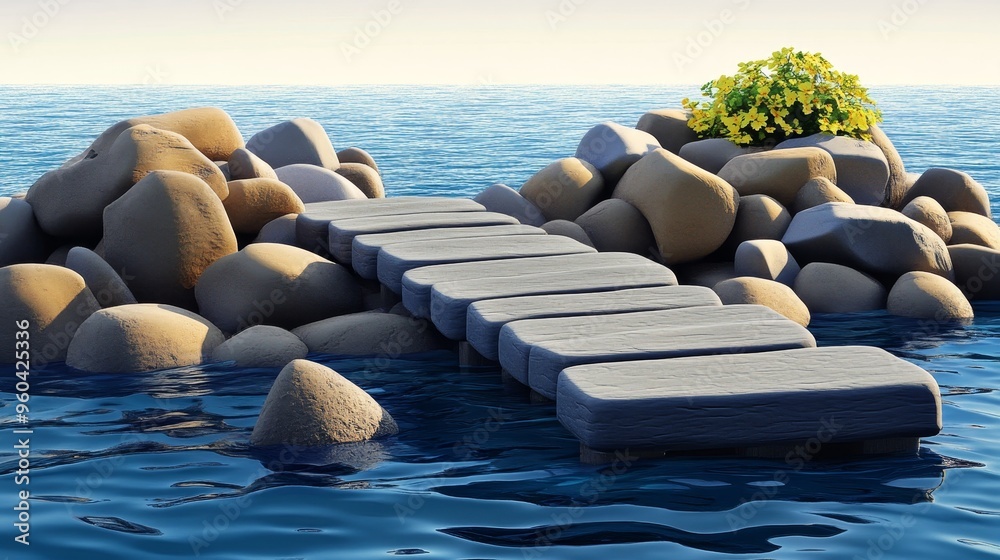A serene scene featuring a stone path over calm water leading to a lush greenery island, evoking tranquility and nature's beauty. A serene scene featuring a stone path over calm water leading to a lush greenery island, evoking tranquility and nature's beauty.