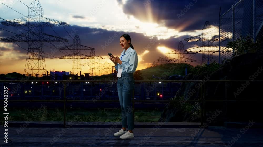 Full Body Side View Of An Asian Female Professional Worker Standing With Her Phone Near High Voltage Tower, Industrial Facility, Working Continuously With Her Phone Full Body Side View Of An Asian Female Professional Worker Standing With Her Phone Near High Voltage Tower, Industrial Facility, Working Continuously With Her Phone