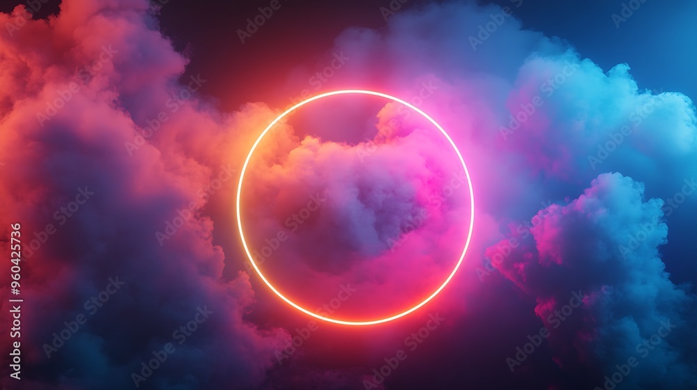 Neon Illuminated Abstract Cloud on Colorful Circular Frame with Smoke Clouds - Concept of Futuristic Technology and Creativity Neon Illuminated Abstract Cloud on Colorful Circular Frame with Smoke Clouds - Concept of Futuristic Technology and Creativity