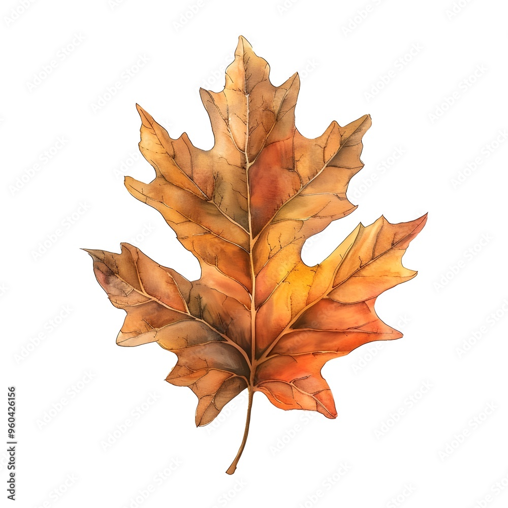 Vibrant Watercolor Oak Leaf in Autumn Hues Against Clean White Backdrop Vibrant Watercolor Oak Leaf in Autumn Hues Against Clean White Backdrop