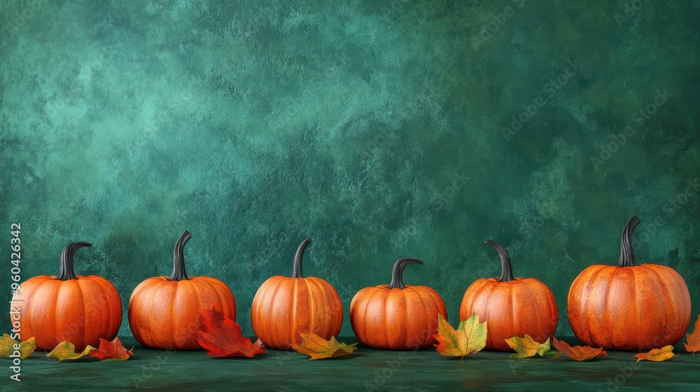 Row of pumpkins, fall leaves on emerald-green textured background with copy space. Halloween, thanksgiving or harvest banner. Generated AI. Row of pumpkins, fall leaves on emerald-green textured background with copy space. Halloween, thanksgiving or harvest banner. Generated AI.