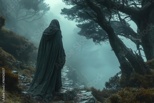 eerie moonlit forest ghostly figure in tattered cloak misty atmosphere gnarled trees dappled shadows bluetinged darkness subtle fog tendrils ominous mood photo