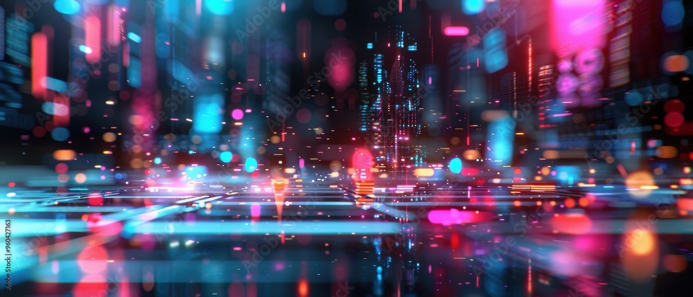 Digital Horizon: Futuristic Cybernetic Landscape with Neon Grids in Digital Horizon: Futuristic Cybernetic Landscape with Neon Grids in