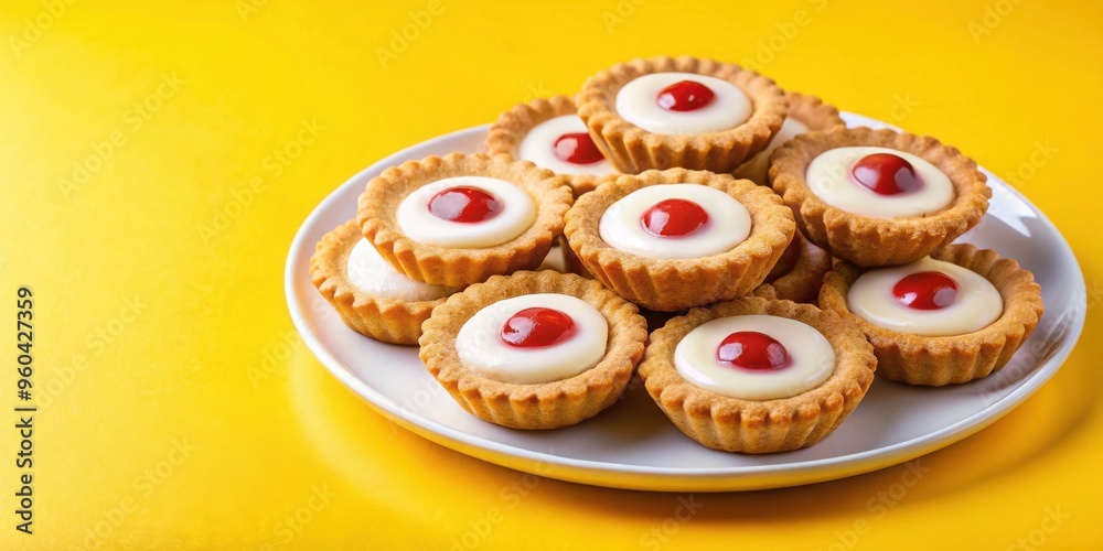 A vibrant stock photo of a plate full of freshly baked bakewell tarts on a bright yellow background with space for text A vibrant stock photo of a plate full of freshly baked bakewell tarts on a bright yellow background with space for text