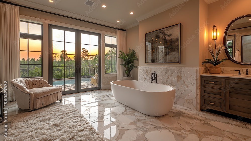 Elegant Retreat: Luxurious Master Bathroom with Freestanding Bathtub, Marble Floors, and Ambient Lighting Elegant Retreat: Luxurious Master Bathroom with Freestanding Bathtub, Marble Floors, and Ambient Lighting