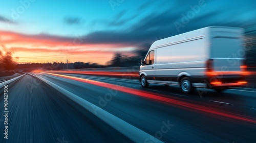 White van on a highway at sunset, showcasing speed and transport efficiency, with a blurred motion effect. photo